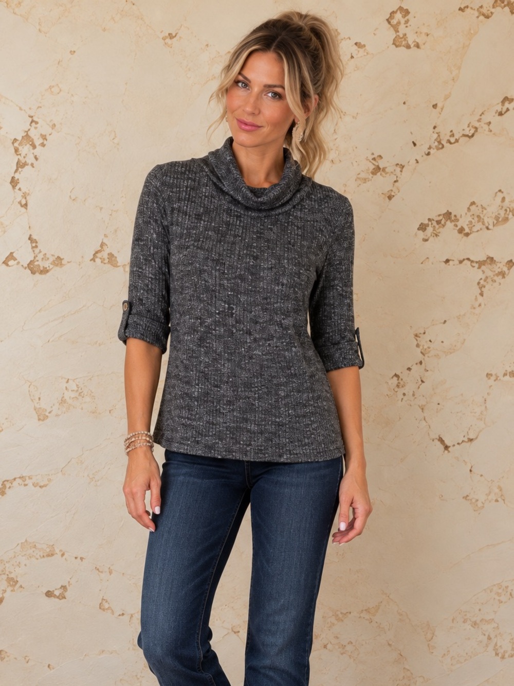 Cato Gray Black Ribbed Cowl Neck Top Button Sleeve Size Medium